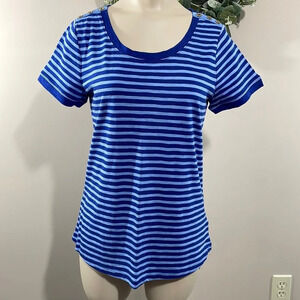 NWT Talbots Blue Striped Short Sleeve Top Shoulder Button Accents XS
